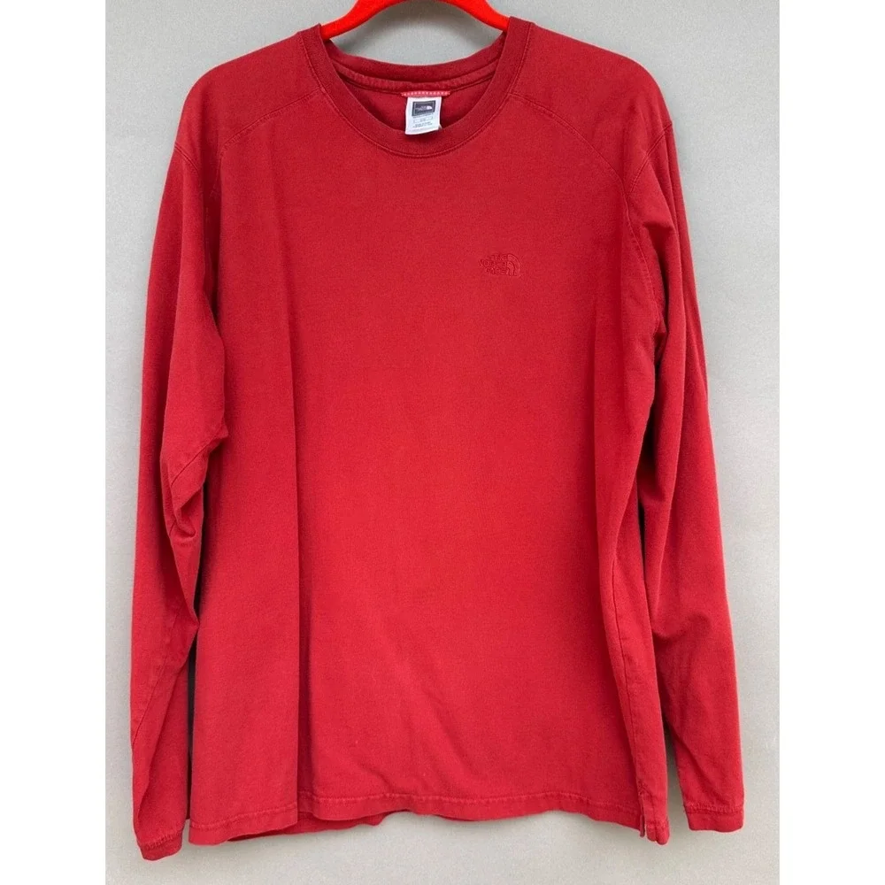 The North Face Red Long Sleeve T-Shirt Large Embroidered Logo Outdoor Tee Sun